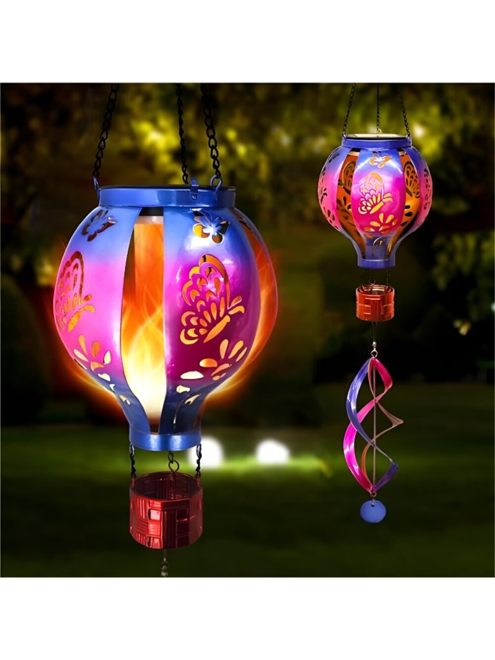 Hot Air Balloon Solar Lantern Butterfly Wind Spinners with Flickering Flame